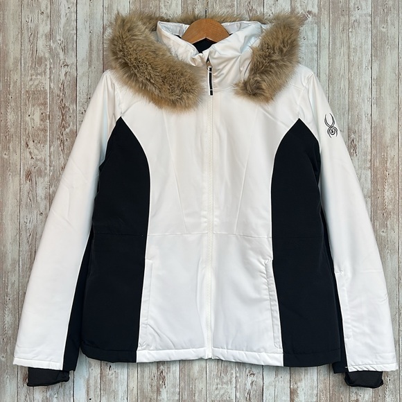 Spyder Vida Ski Jacket Women's White Black sz 10 Winter Snowboard Warm Faux Fur - Picture 1 of 16